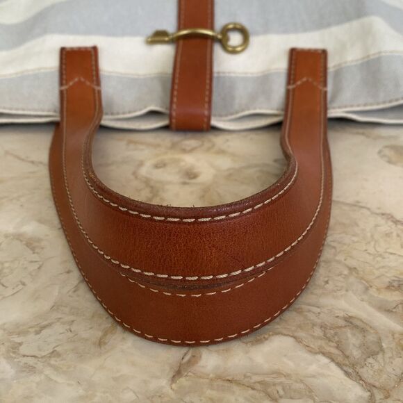 Fossil Austin Cream Blue Stripe Coated Canvas Leather Nautical Tote Shoulder Bag - Picture 9 of 15